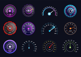 Naklejka na ściany i meble Digital speedometer. Odometer, tachometer speed gauge motorcycle race car rpm meter accelerate futuristic dashboard game hud interface dial neon light, kicky vector illustration