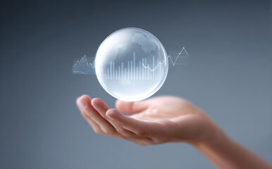 Global market bubble with finance graph growing on human hand showing business forecast and analysis concept on grey background