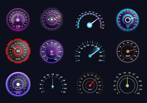 Digital speedometer. Odometer, tachometer speed gauge motorcycle race car rpm meter accelerate futuristic dashboard game hud interface dial neon light, kicky vector illustration