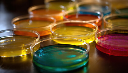 Bright colorful petri dish with agar media for growing bacteria and fungi laboratory show scientific discovery and curiosity with biological experiment for analyzing germ growth or chemical liquid