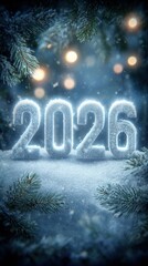 Snow inscription "2026" against the backdrop of a Christmas snowy landscape