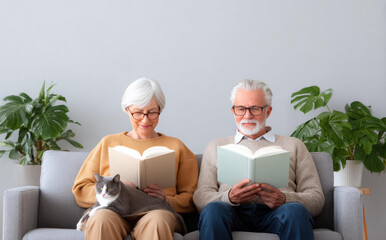 Content older couple happy reading book at home on sofa with cat sitting on knee relaxing in bright room with plants spending quality retirement time together