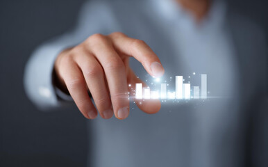 Business executive touching virtual hologram graph showing confident economic growth with financial chart strategy on blurred background