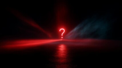 Red question mark glowing over reflective water with red neon light foggy beams creating mysterious moody scene and dramatic night reflection