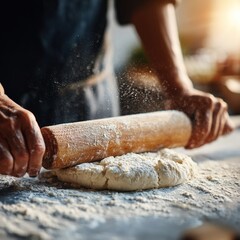 Hands rolling dough with flour on kitchen counter