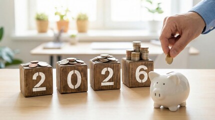 The inscription "2026" on wooden cubes with coins and a piggy bank, the concept of the growth and decline of income and expenses in the new year 2026