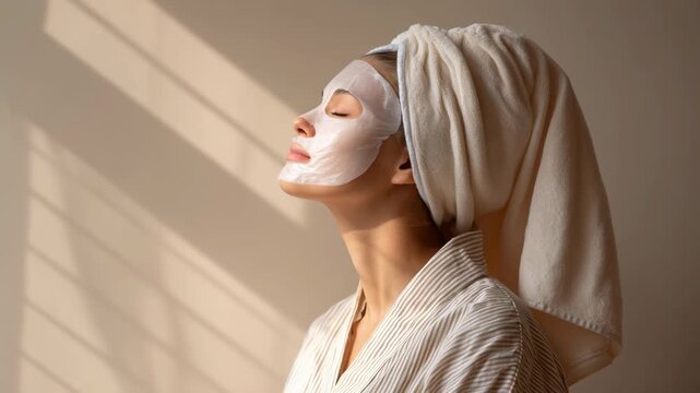 Young woman facial mask towel robe skincare relaxation sunlight serene self care routine spa morning turban
