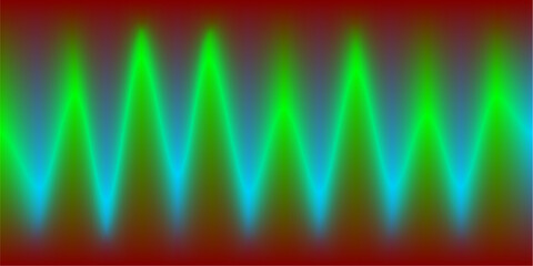 Abstract visualization of a waveform with vibrant green and cyan peaks against a dark red background.