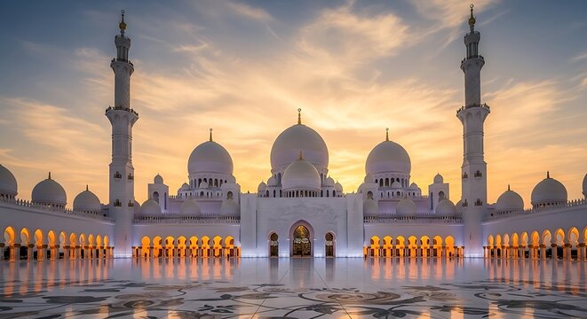Sheikh Zayed Grand Mosque at Sunset - A Majestic Architectural Wonder.