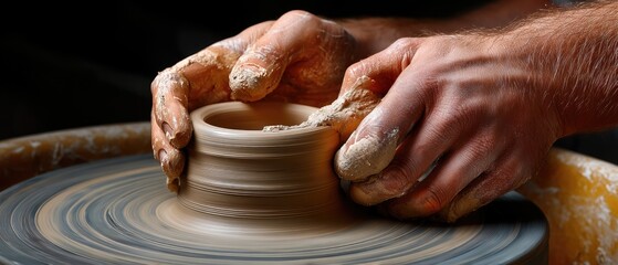 Crafting a clay bowl on a pottery wheel during a sunny afternoon in a cozy workshop