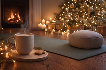 Cozy winter drink before meditation near fireplace with candles and christmas decor