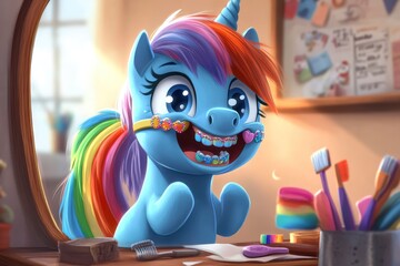 Cartoon pony brushing teeth in mirror with rainbow braces, dental hygiene illustration