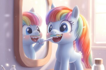 Child-friendly illustration of pony brushing teeth with colorful braces