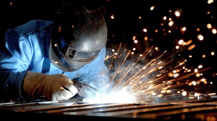 Welding sparks fly as craftsman skillfully joins metal parts in a workshop during evening hours