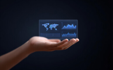 Business hand holding futuristic hologram with financial chart and world map showing global investment growth concept with digital data analysis on dark background