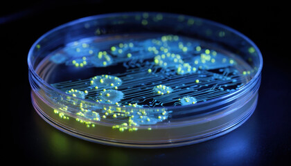 Bioluminescent bacteria colonies glowing neon green inside laboratory petri dish on dark background showing scientific discovery potential and successful biological culture growth experiment