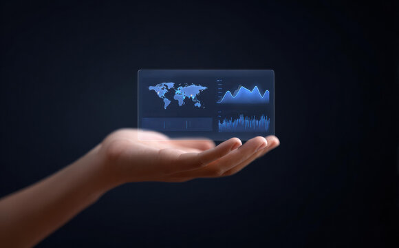 Business hand holding futuristic hologram with financial chart and world map showing global investment growth concept with digital data analysis on dark background - Powered by Adobe