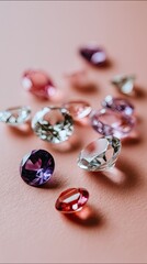 Colorful collection of various shaped gemstones scattered on a soft pink surface, showcasing their brilliant cuts and hues during natural lighting