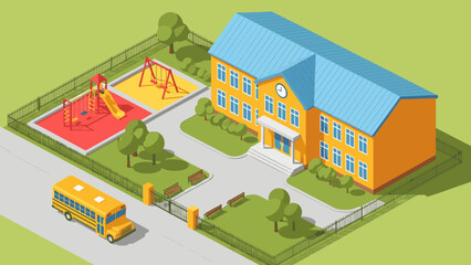 Isometric school building with playground and yellow bus on a sunny day, educational facility illustration