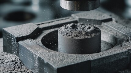 Industrial process occurs as machine compresses material into a precise shape in a workshop setting during daylight hours