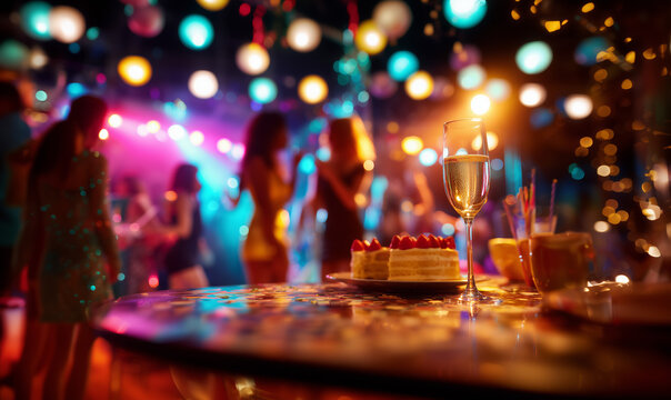 Colorful party scene with people dancing and desserts on a table in a festive atmosphere with lights and decorations during the celebration