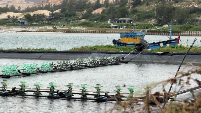 Under-surface angle shows paddles rotating, gently lifting sediments and pushing murky pond water upward. Pond water mixing.