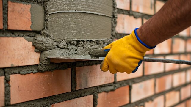 Worker applying cement mortar on brick wall during construction process
