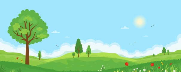 Naklejka premium Spring Landscape with Green Hills, Trees, blooming Flowers and Blue Sky with clouds. Sunny Seasonal Nature background. Refreshing outdoor atmosphere. Vector flat horizontal illustration. Not AI