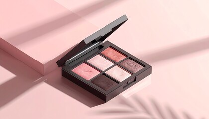 An eye shadow palette in a dark case, open to reveal six shades of pink, rose, and brown, sits on a pink, abstract surface