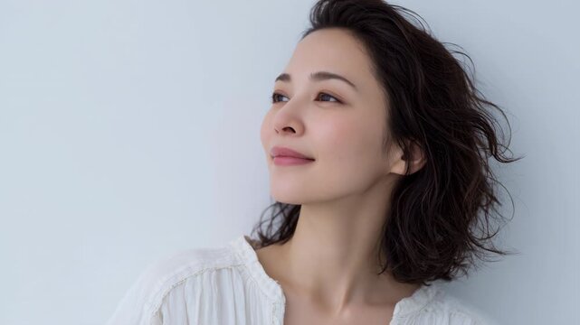 Young woman portrait face gaze soft light calm expression looking upward with soft smile natural light serene expression loose wavy hair smiling
