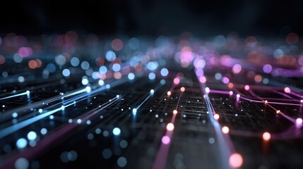Neon grids and glowing tech lines forming digital network patterns, futuristic circuitry, and modern business tech visualizations with bright electric blue and pink hues