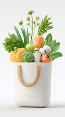 Eco-friendly tote with fresh vegetables and groceries