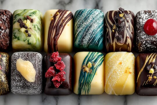 delicious praline set minimal marble tabletop. Generative AI - Powered by Adobe