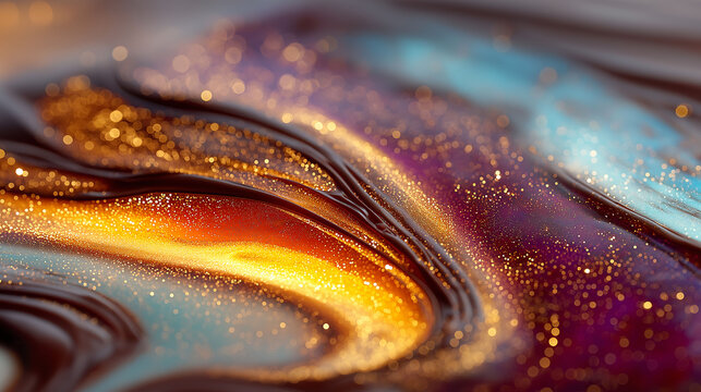 Macro shot of melting chocolate swirl, glossy texture, rich warm tones, luxurious dessert aesthetic - Powered by Adobe