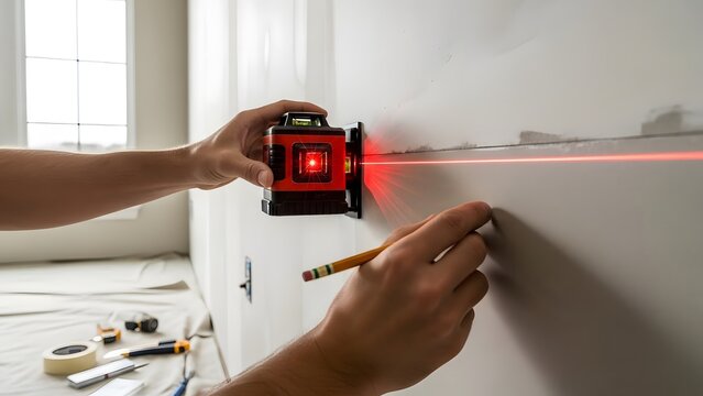 home renovator using laser level to mark wall for accurate measurement and interior construction tutorial content