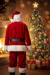 Santa stands with his back to the camera, contemplating a richly decorated Christmas tree lit with colorful lights next to a cozy, crackling fireplace.
