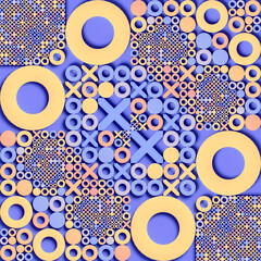 Abstract geometric pattern of multiple X's and O's organized in a dense rhythmic grid. 3d rendering illustration