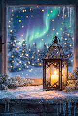 A lit candle lantern rests on a snowy windowsill with icicles hanging down, offering a warm foreground against a magical winter forest with the Aurora Borealis in the distance.