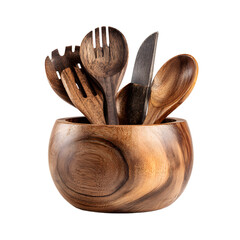 Wooden Bowl Set with Utensils Isolated on White Background