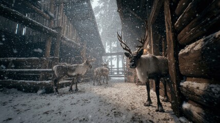 idyllic reindeer stable during a gentle snowfall,