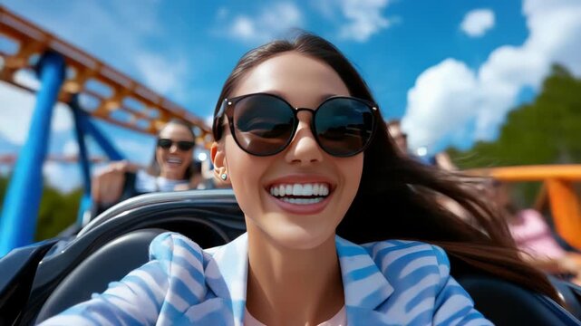 happy smiling business woman in a suit enjoying a thrilling roller coaster ride on a sunny day