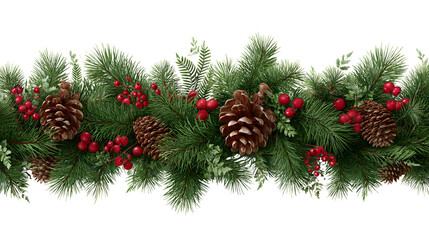 Christmas pine garland with red berries and pine cones, winter holiday border decoration