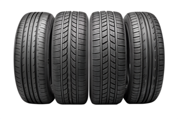 Four tires arranged in one line, standing vertically side-by-side. Perfect for web shop headers, catalog thumbnails, comparison graphics, tire selection displays.