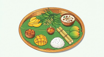 Thai offering tray with fruits and flowers