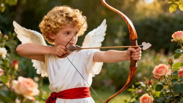 Cherubic child angel with wings and wooden bow aims heart tipped arrow in rose garden at golden hour, whimsical romantic scene
