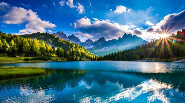 Beautiful mountain lake landscape with sunrise and clear sky
- Powered by Adobe