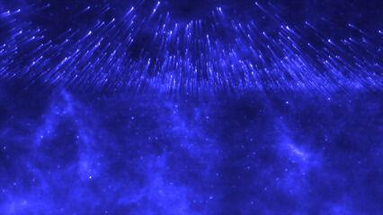 Vivid Blue Particle Rain Falling Over Nebula