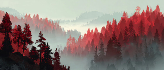 Wide shot of forest landscape with red accents and soft haze, symbolic and elegant