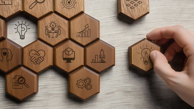 Design Thinking Process concept. Wooden blocks with icons; the key stages of the design thinking process, a solution-focused, problem-solving methodology used for innovation and strategic development.