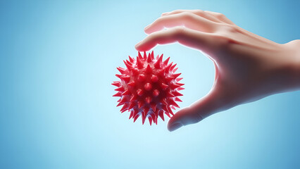 Conceptual image of a hand holding a microscopic red virus, illustrating medical research